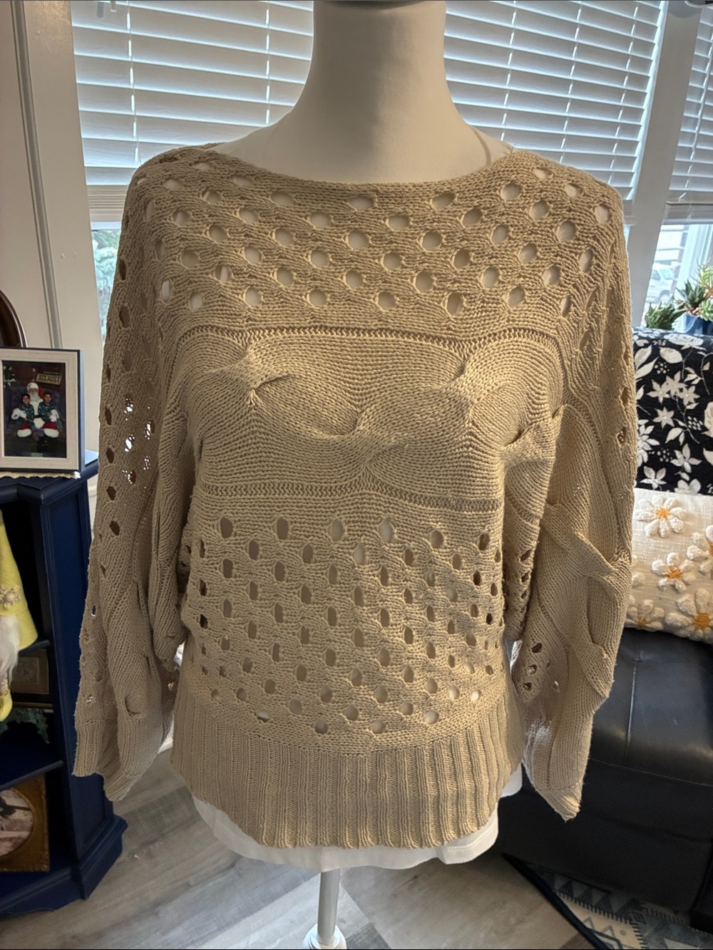 Open-Knit Crewneck Sweater in Beige — Lightweight Layering